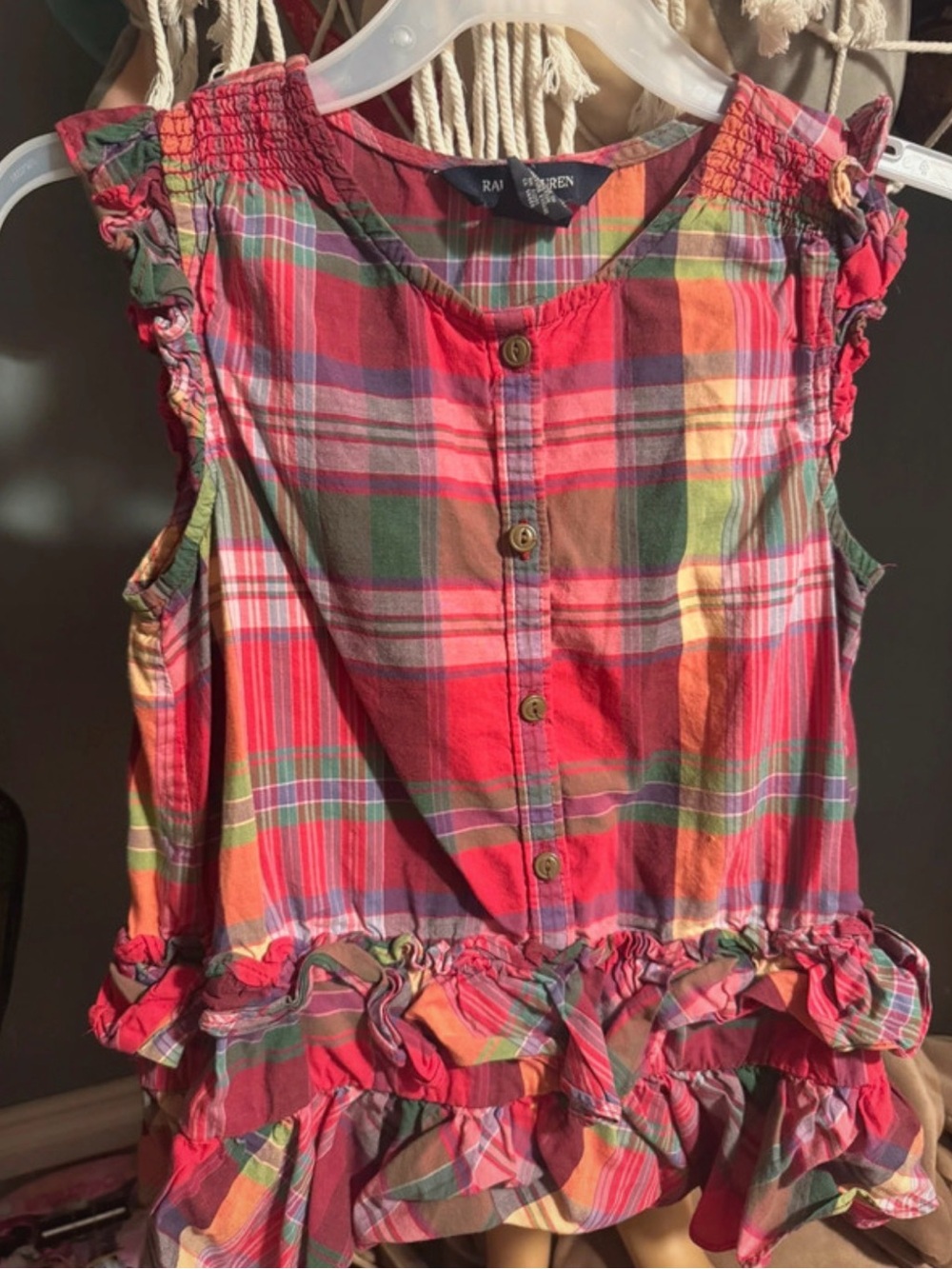 Ralph Lauren Multicolor Pink & Green Plaid Ruffle Button-Front Girls Top
